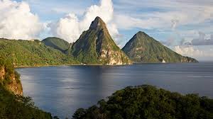 St Lucia The Two Pitons view across the bay
